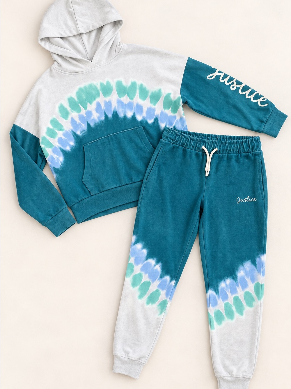 Justice Kids Girls Hoodie & Jogger Set / SOFT Velour Blue Teal Green Tie-Dye